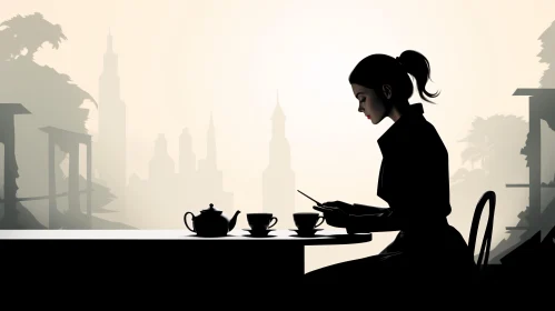 Silhouette of a Woman with Tea in Urban Setting