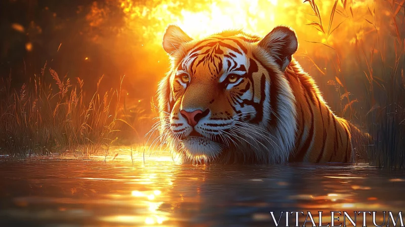 Sunlit Tiger in Water AI Image