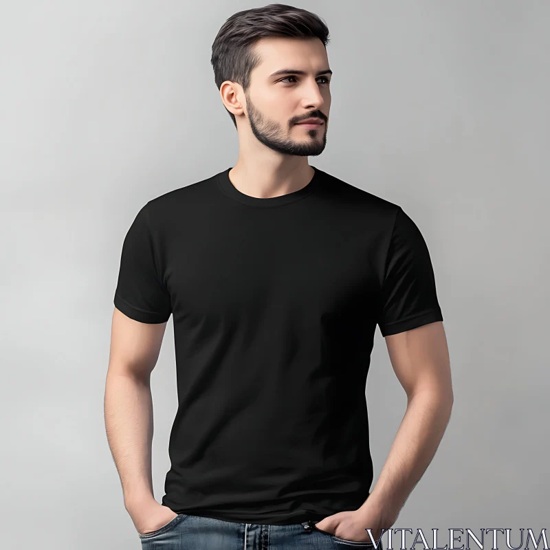 Casual Fashion Portrait of a Man in Black T-Shirt AI Image