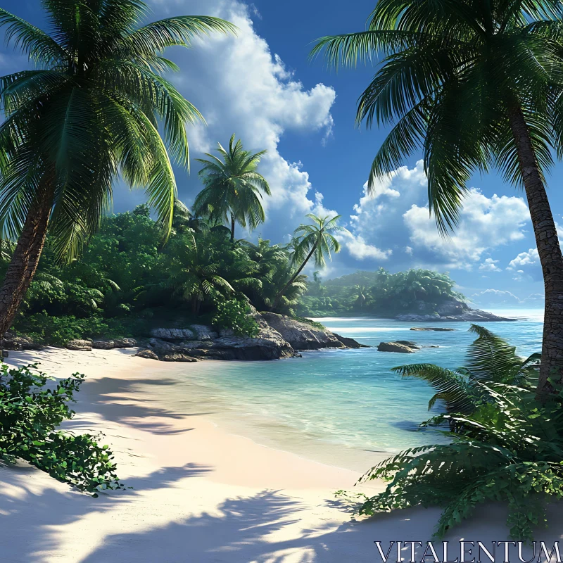 Scenic Tropical Beach with Palms and Clear Blue Water AI Image