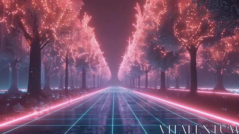 Neon Illuminated Trees Path AI Image