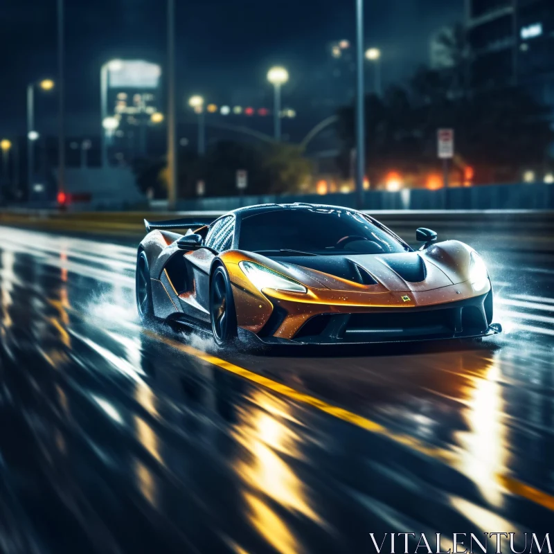 Fast Supercar on Wet Road at Night AI Image