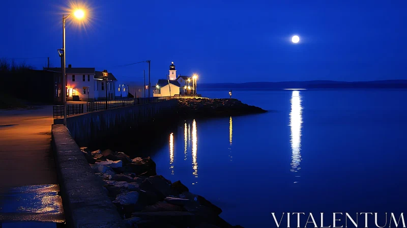 Peaceful Nighttime Lighthouse Scene AI Image