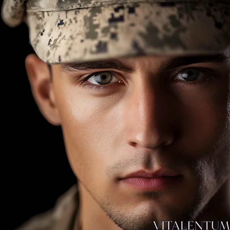 Military Man Portrait with Camouflage Hat AI Image