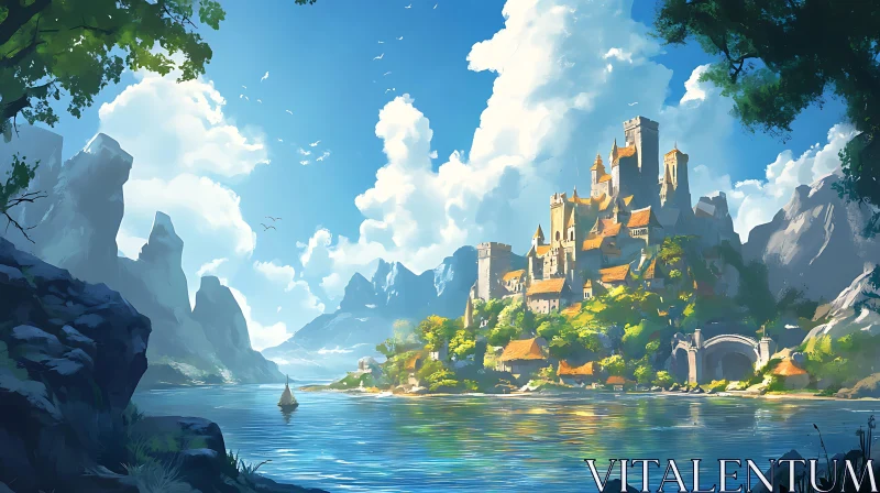 Majestic Castle by the Water with Mountain Backdrop AI Image