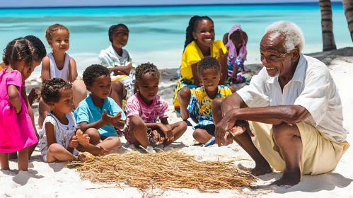 Elderly Man with Kids on Sandy Shoreline