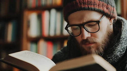 Man with Glasses Engrossed in Reading a Book