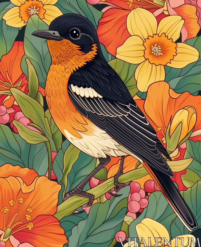 AI ART Colorful Bird Amongst Flowers Art