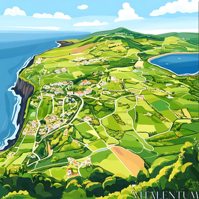 Scenic Coastal Landscape with Villages and Fields AI Image