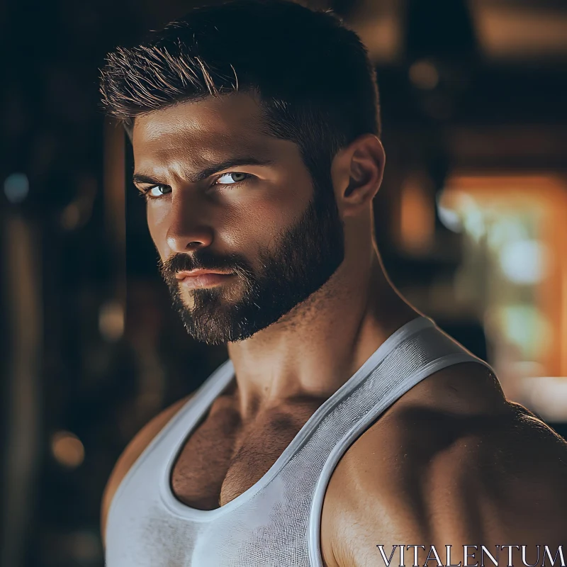 Bearded Man with Intense Look in White Tank Top AI Image