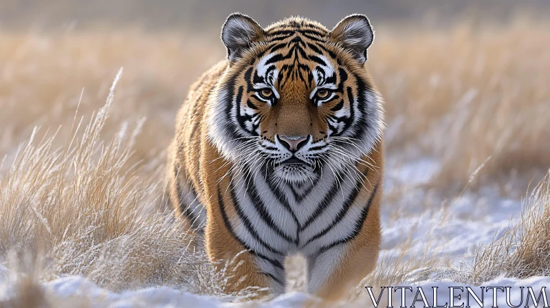 Tiger in Snowy Grassland