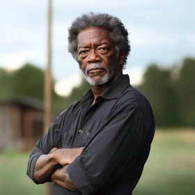 Elderly Man with Grey Hair and Serious Expression Outdoors
