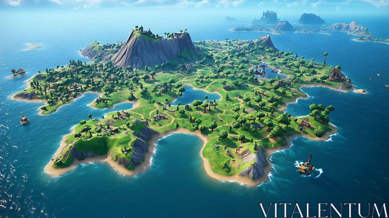 Serene Island Landscape with Mountains and Ocean AI Image