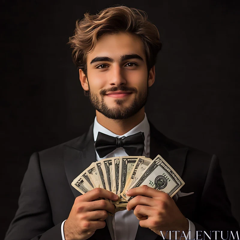 Elegant Man with Money in Black Tie Attire
