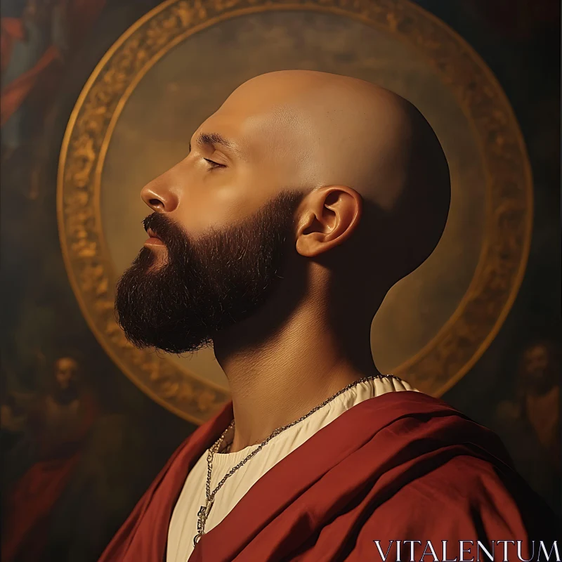 Meditative Bearded Man in Profile with Golden Background