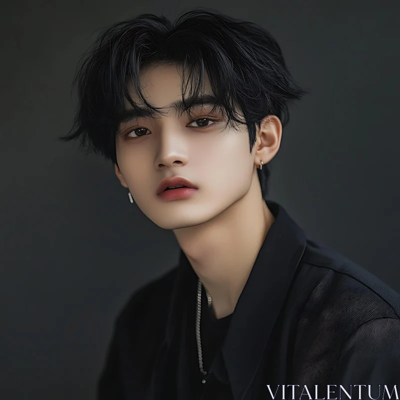 Young Man's Face with Dark Hair and Minimalist Jewelry