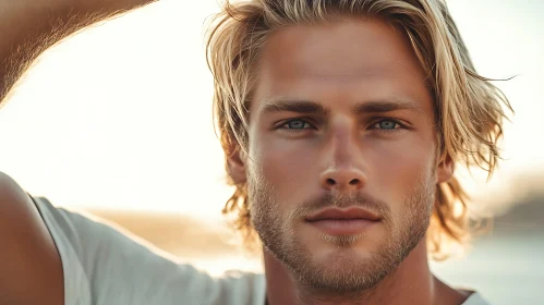 Close-Up of a Blonde Man with Blue Eyes Outdoors