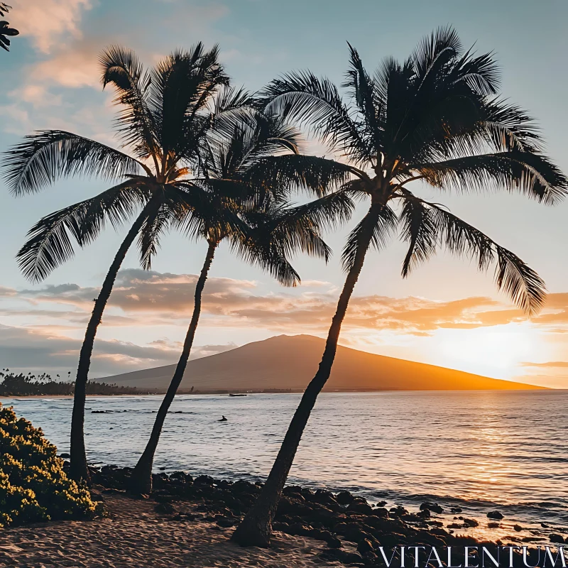 Beach Sunset with Palm Trees and Distant Mountain
