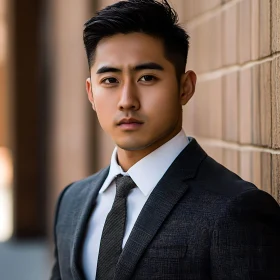 Confident Young Man in Suit Against Brick Wall