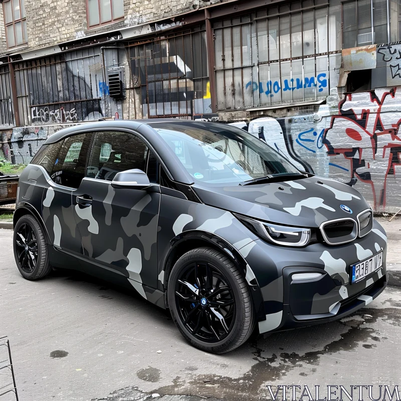 AI ART Stylish Urban Electric Car with Camouflage Wrap