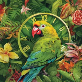 Tropical Parrot with Antique Clock