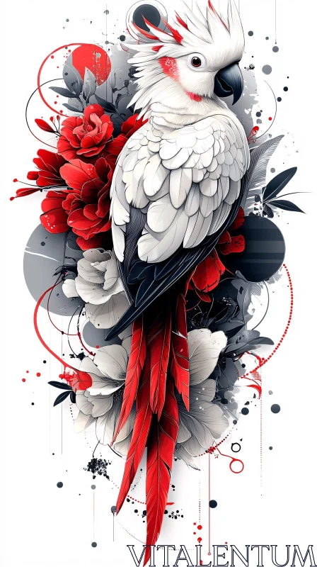 AI ART Cockatoo and Red Floral Art