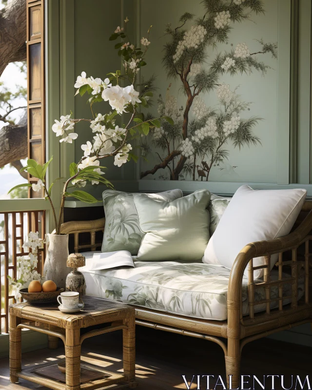 AI ART Serene Green Nook with Bamboo Loveseat and Botanical Art