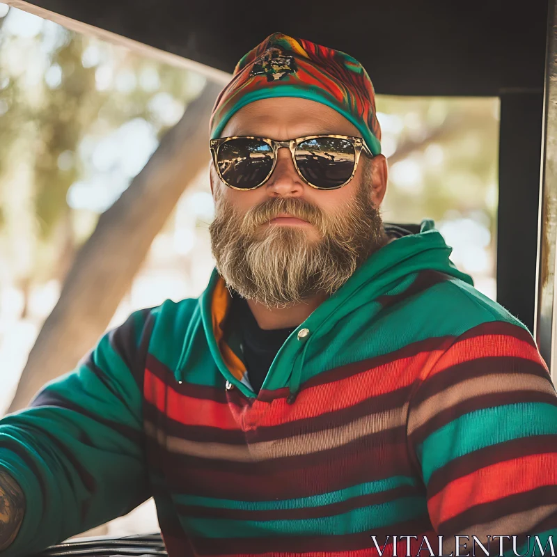 Stylish Man in Sunglasses with Beard and Bandana AI Image