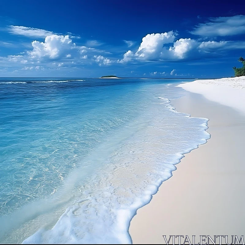 Serene Beach Landscape with Blue Ocean and White Sands AI Image