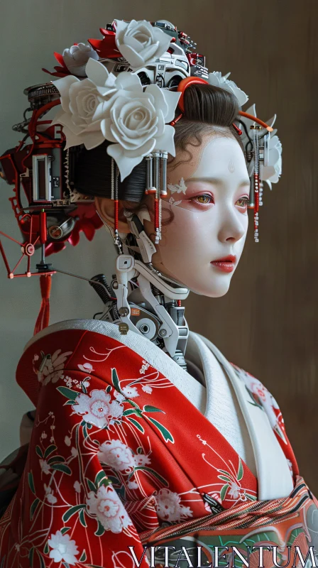 AI ART Cyborg Geisha with Floral Robotics