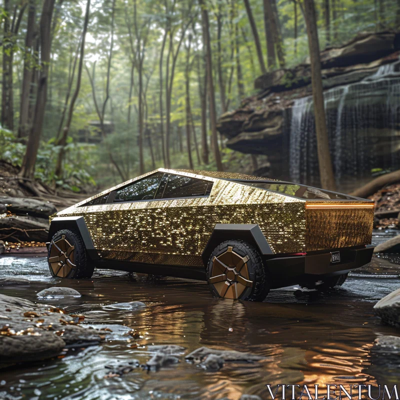 Golden Cybertruck in Serene Natural Setting AI Image