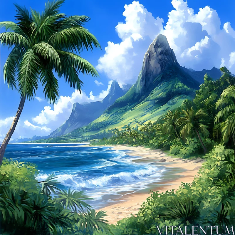 Scenic Tropical Island with Mountains and Beach AI Image