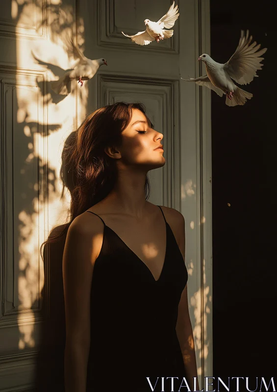 Tranquil Woman and Doves in Sunlight AI Image