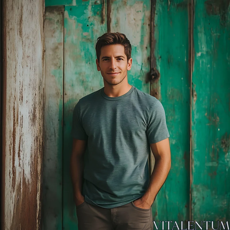 Casual Portrait of a Man Against a Teal Wooden Background AI Image