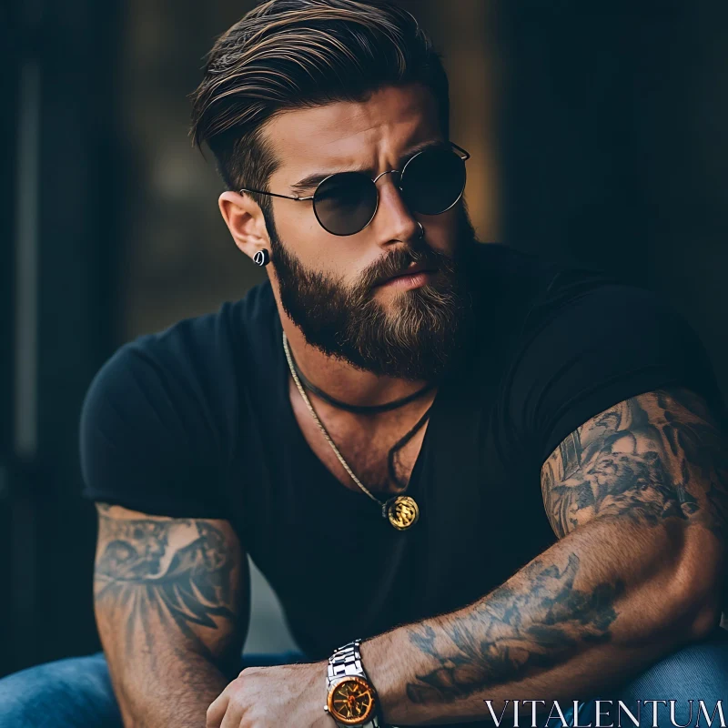 Tattooed Model in Sunglasses and Black T-Shirt AI Image