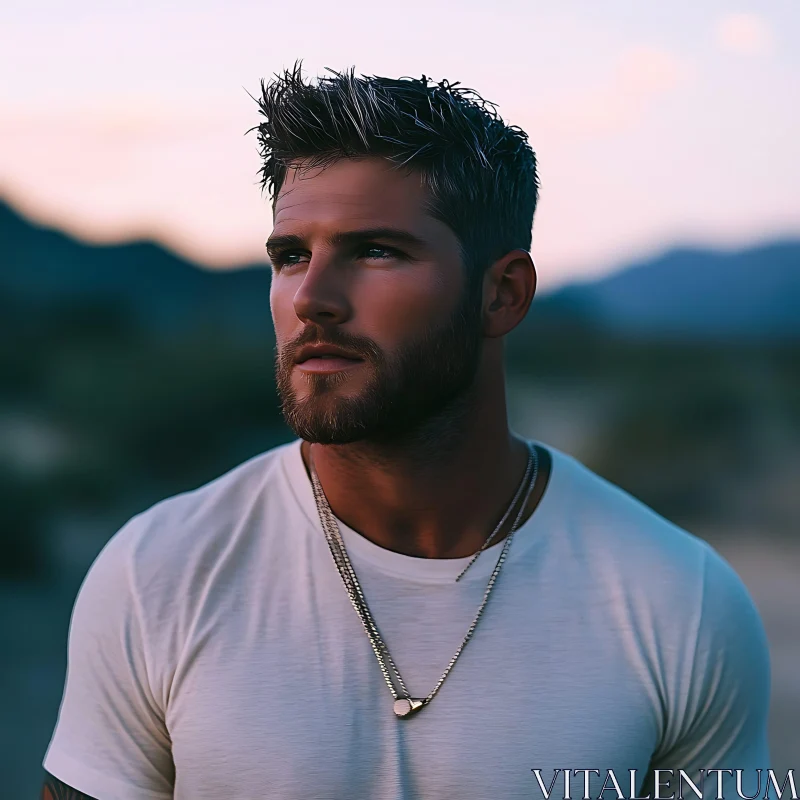 Handsome Man in White T-Shirt at Twilight AI Image