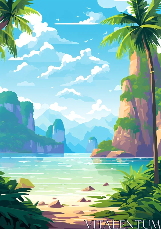 AI ART Scenic View of Tropical Coastline with Mountains and Clear Sky