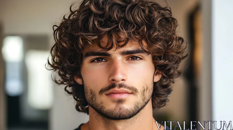 Curly-Haired Young Man with Beard AI Image