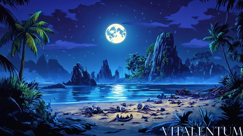 Tropical Beach Under a Full Moonlit Night AI Image