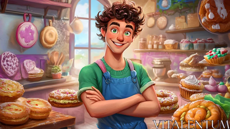 Young Chef in Bakery with Assorted Pastries AI Image