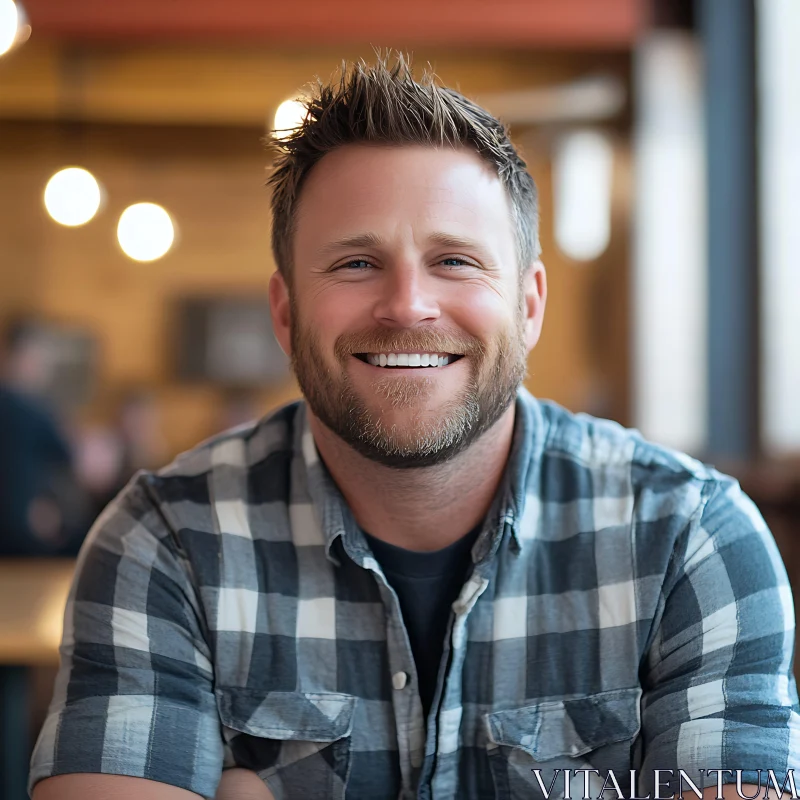 Smiling Man in Casual Checkered Shirt AI Image