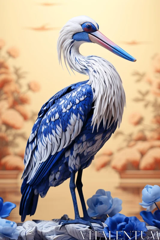 Graceful Bird with Blue and White Feathers in Artistic Setting AI Image