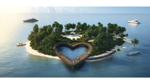 Tropical Heart Island with Yachts and Pier