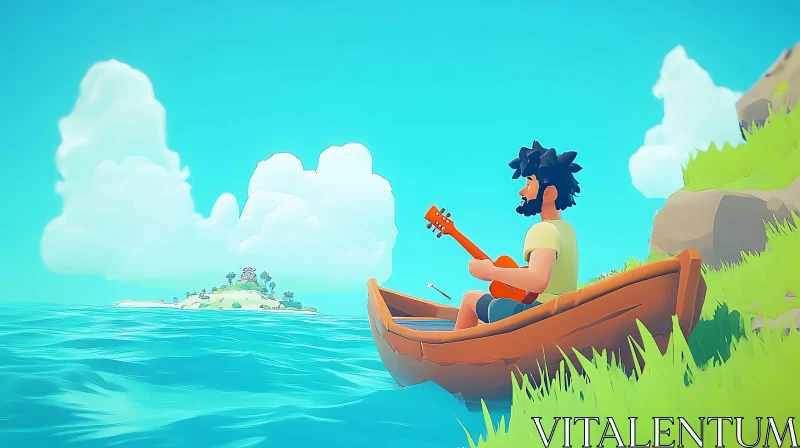 Guitarist in Boat by a Serene Island AI Image