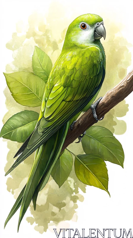 AI ART Green Parrot Perched on Branch