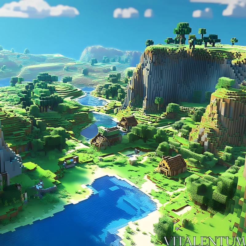 Voxel Landscape with Mountain and River AI Image