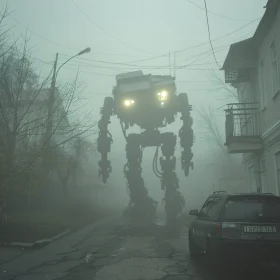 Mysterious Robot in Misty Cityscape