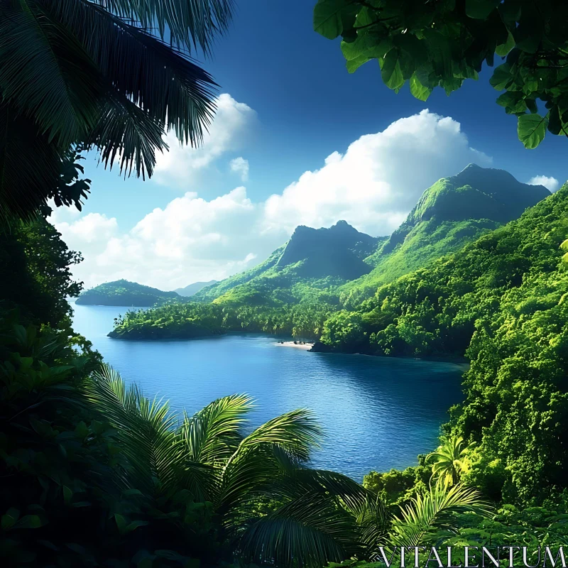 Scenic Tropical Island View with Lagoon and Mountains AI Image