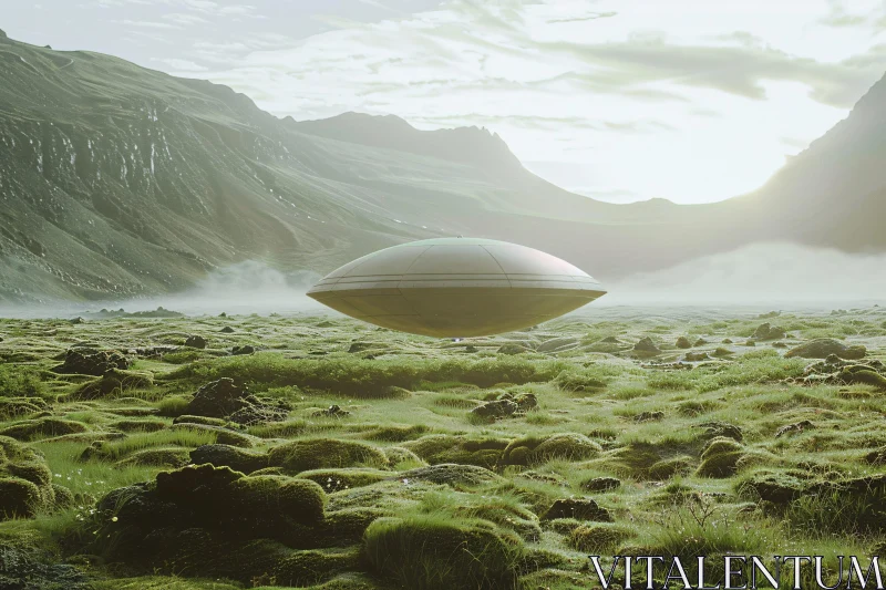 AI ART UFO in a Misty Mountain Field