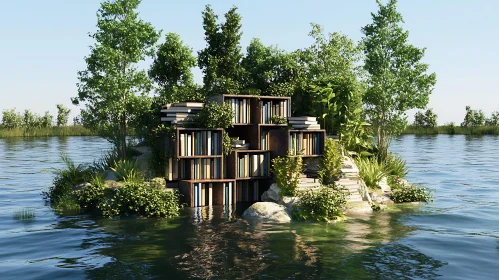 Bookshelves on a Serene Floating Island